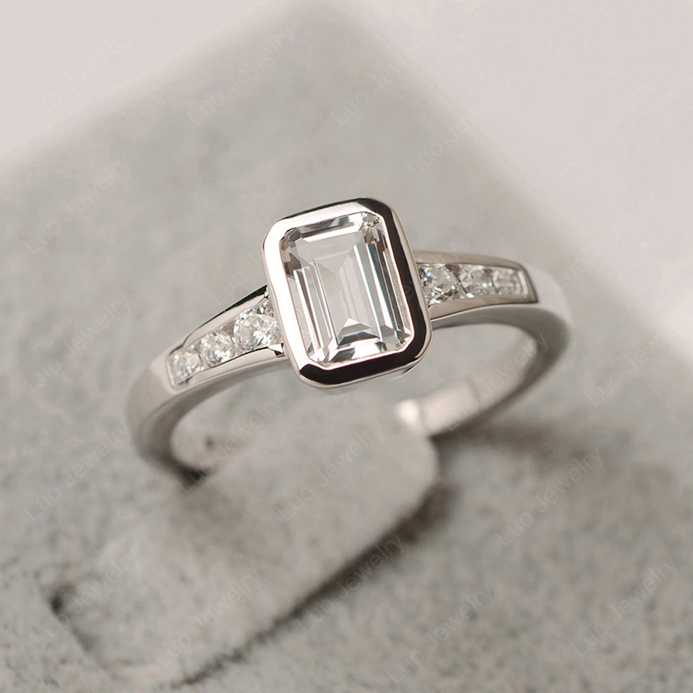 Emerald Cut White Topaz Bezel Set Ring White Gold - LUO Jewelry