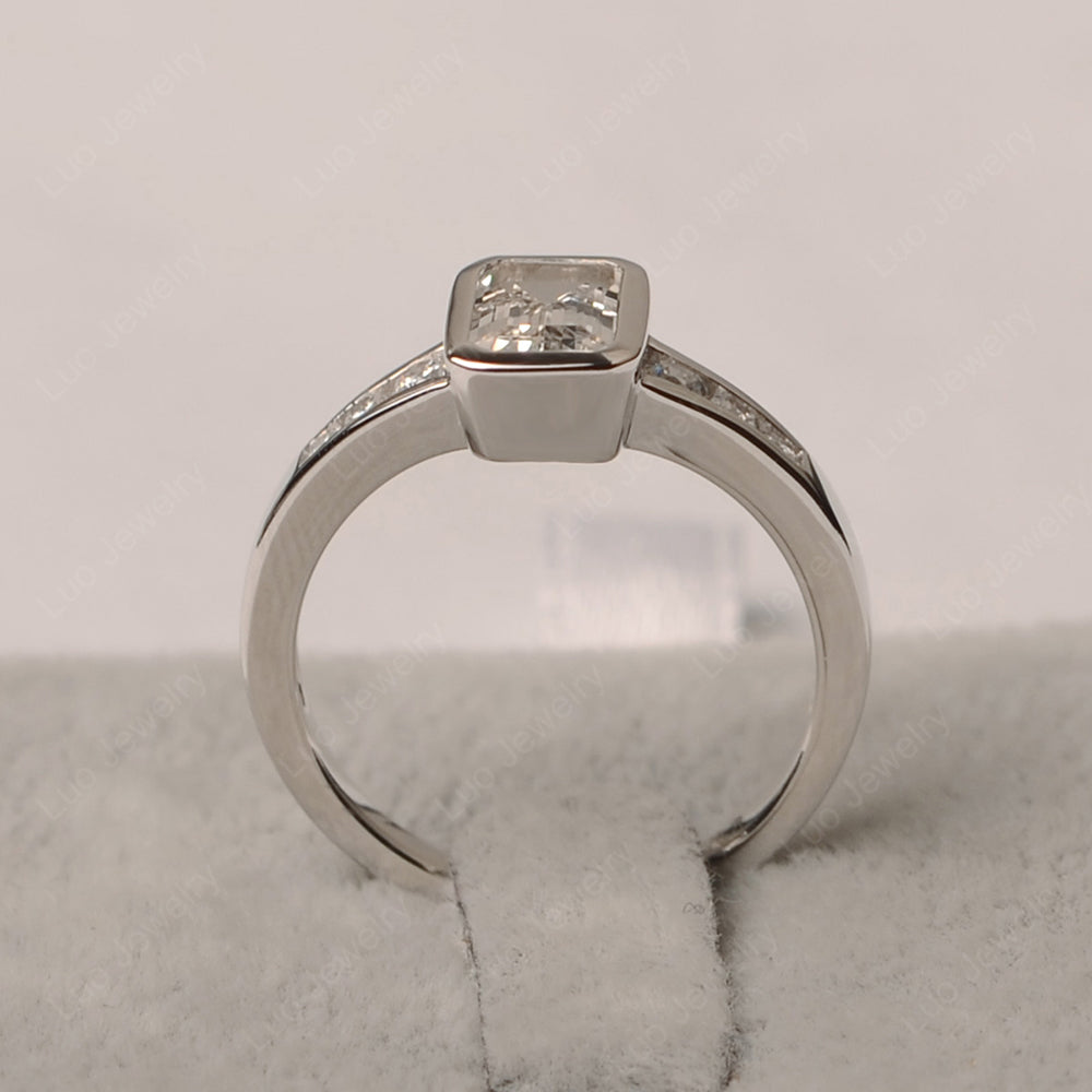 Emerald Cut White Topaz Bezel Set Ring White Gold - LUO Jewelry
