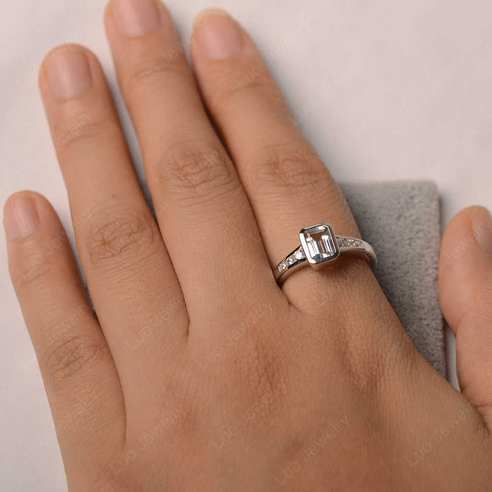 Emerald Cut White Topaz Bezel Set Ring White Gold - LUO Jewelry