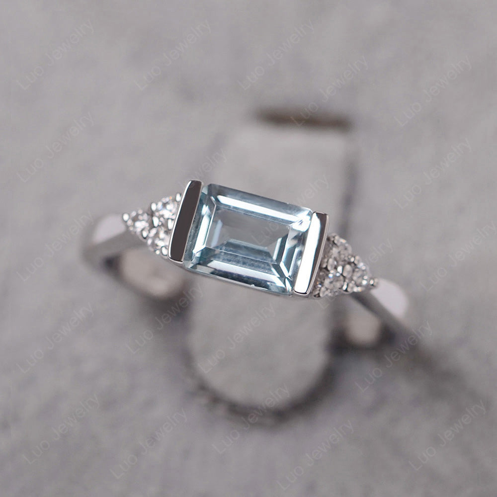 Aquamarine Ring East West Engagement Ring Bezel Set - LUO Jewelry