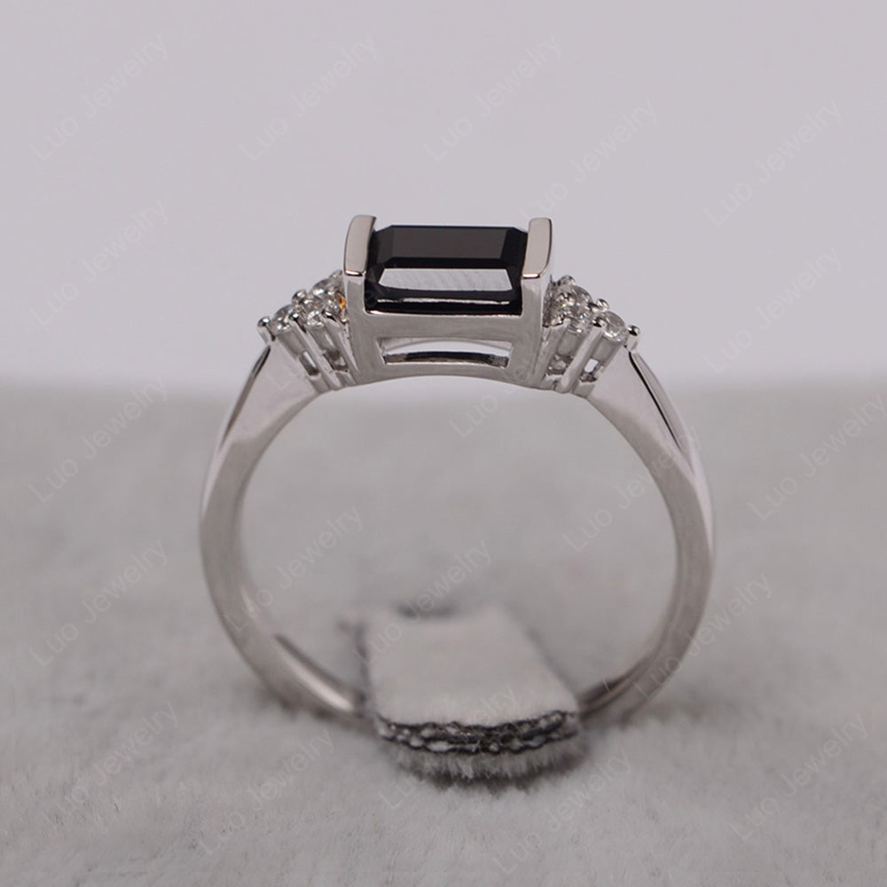 Black Spinel Ring East West Engagement Ring Bezel Set - LUO Jewelry