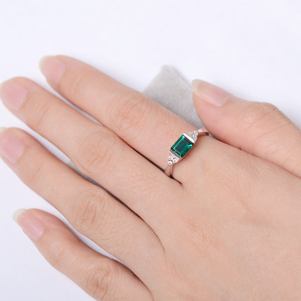 Lab Emerald Ring East West Engagement Ring Bezel Set - LUO Jewelry