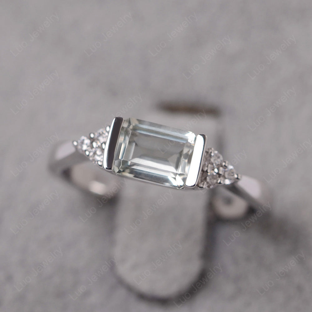 Green Amethyst Ring East West Engagement Ring Bezel Set - LUO Jewelry