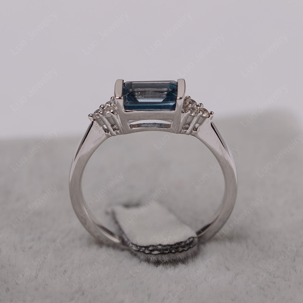 London Blue Topaz Ring East West Engagement Ring Bezel Set - LUO Jewelry