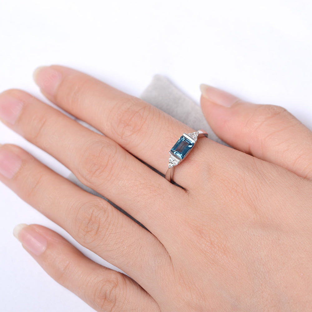 London Blue Topaz Ring East West Engagement Ring Bezel Set - LUO Jewelry