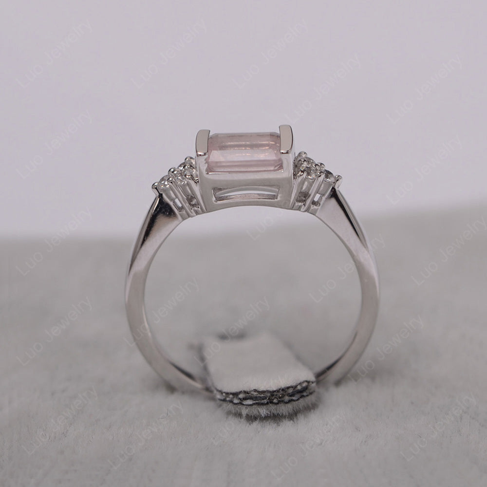 Rose Quartz Ring East West Engagement Ring Bezel Set - LUO Jewelry