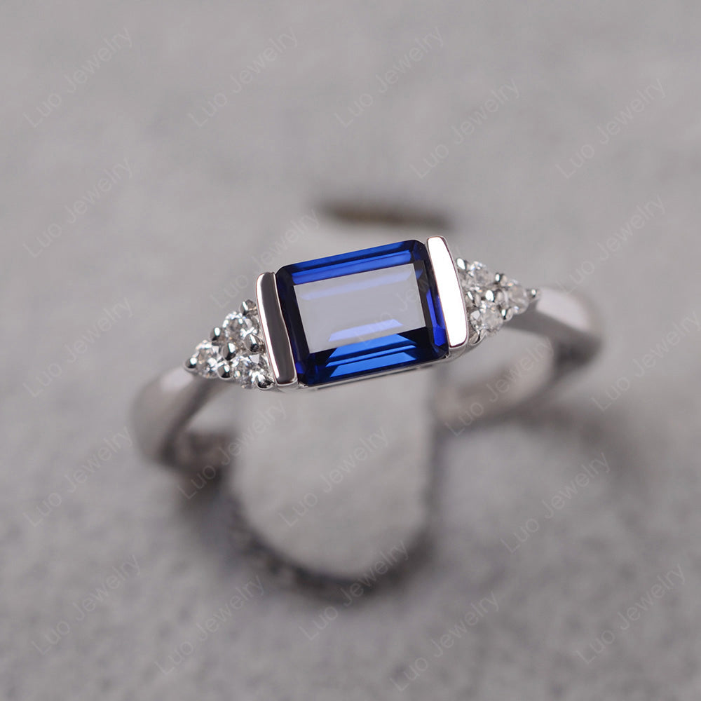 Lab Sapphire Ring East West Engagement Ring Bezel Set - LUO Jewelry