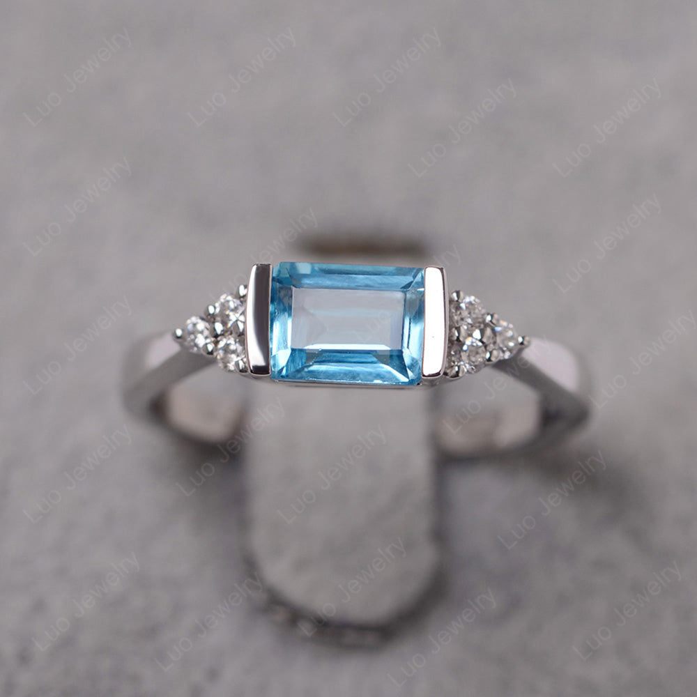 Swiss Blue Topaz Ring East West Engagement Ring Bezel Set - LUO Jewelry