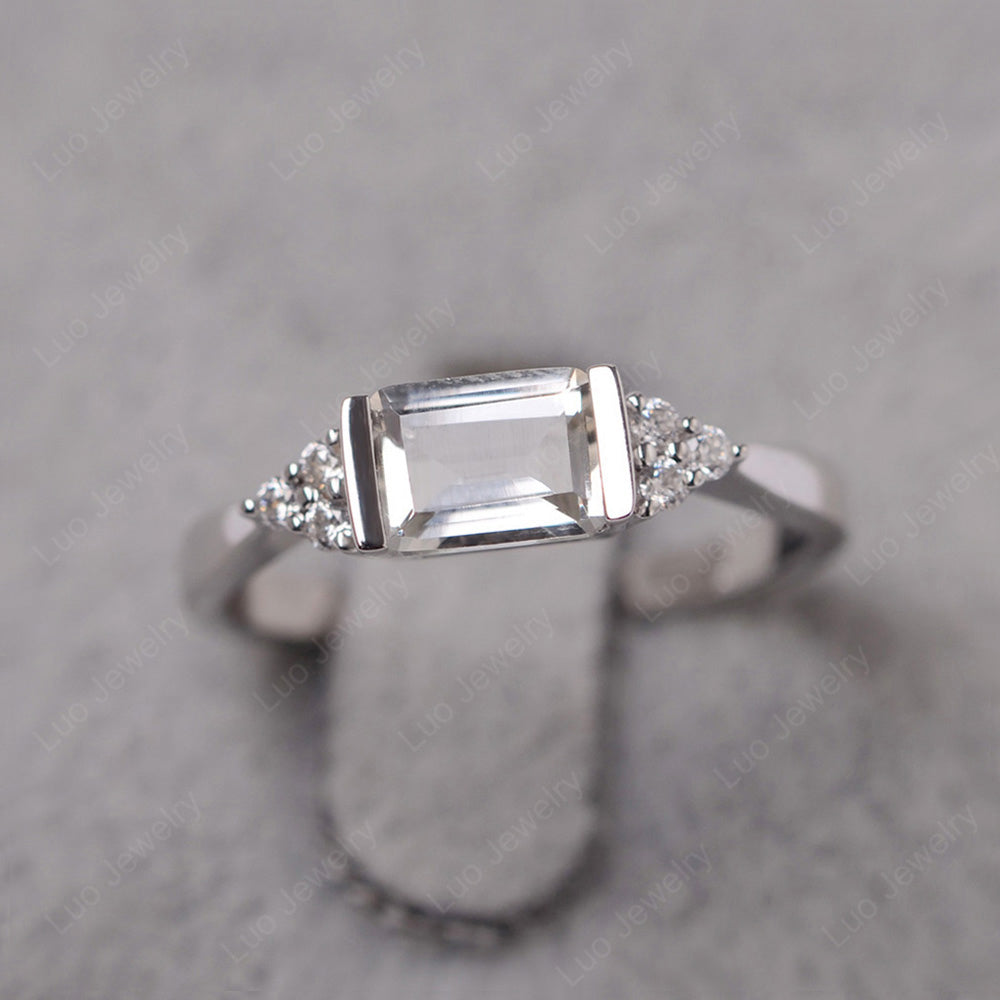 White Topaz Ring East West Engagement Ring Bezel Set - LUO Jewelry