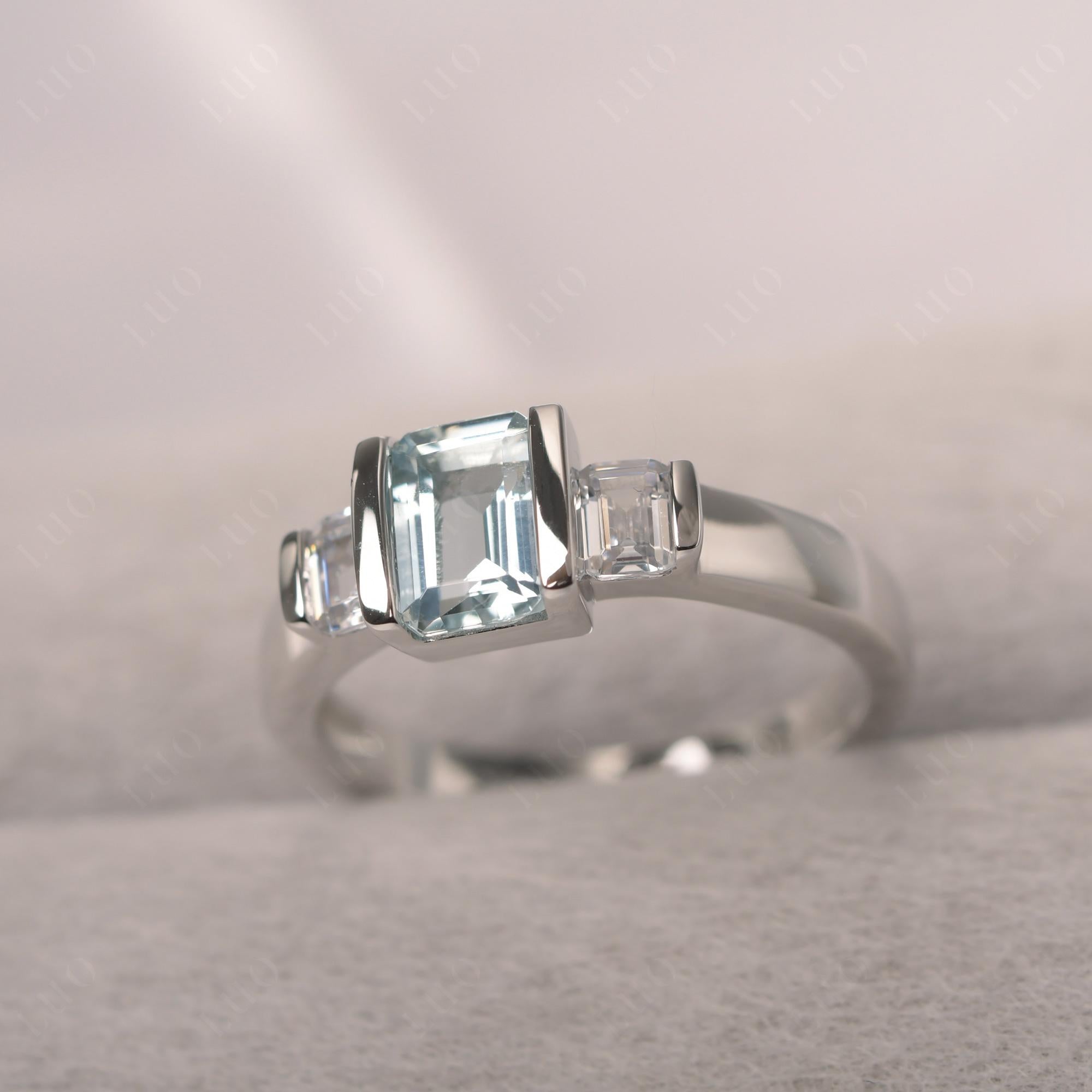 Vintage Aquamarine Ring Bezel Set Emerald Cut Ring - LUO Jewelry