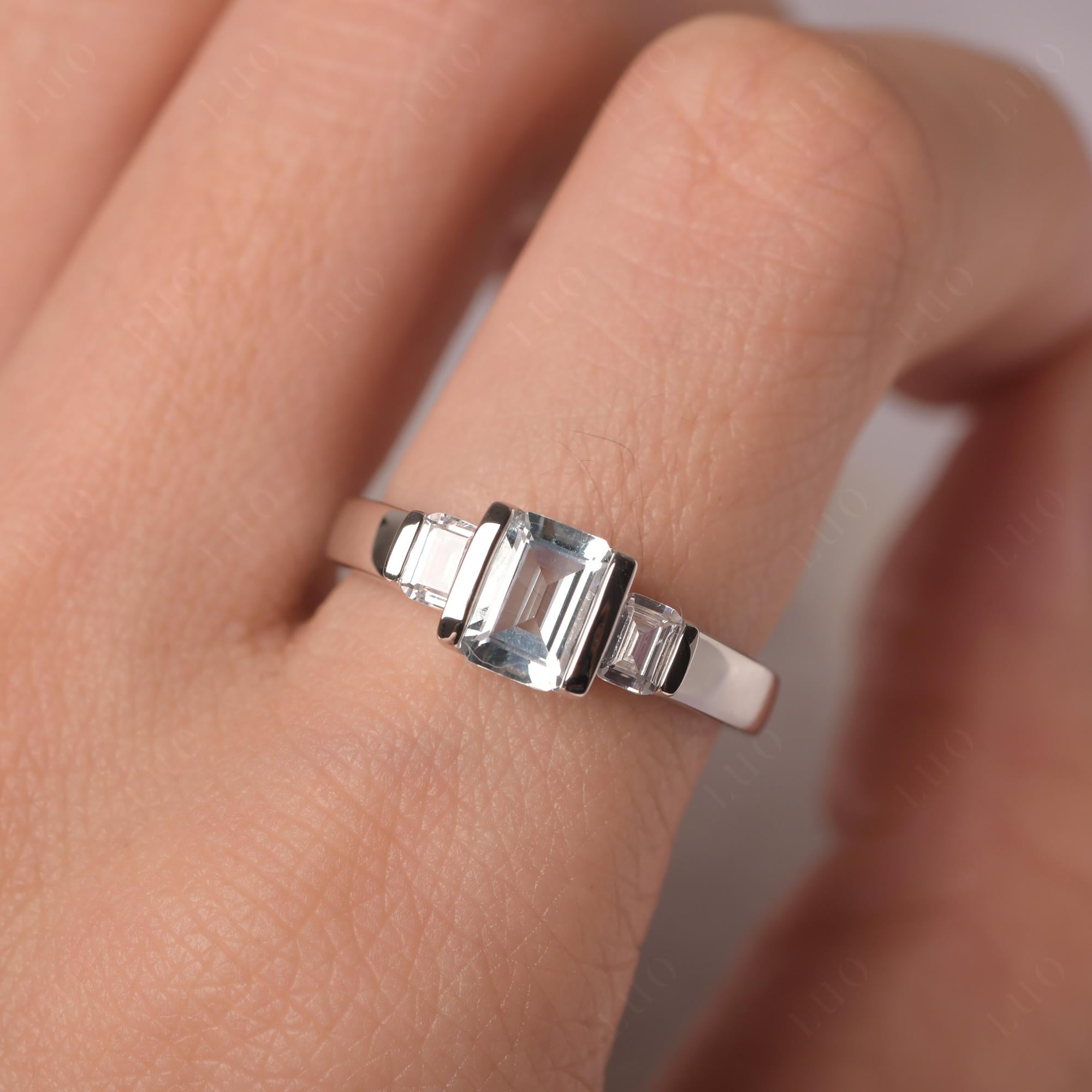 Vintage Aquamarine Ring Bezel Set Emerald Cut Ring - LUO Jewelry