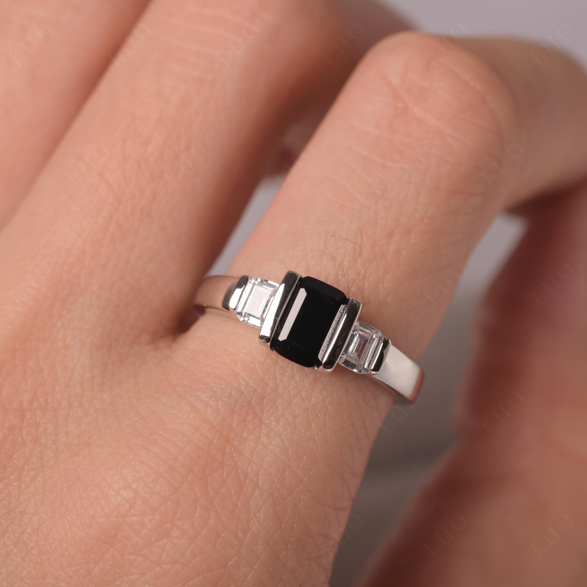 Vintage Black Stone Ring Bezel Set Emerald Cut Ring - LUO Jewelry