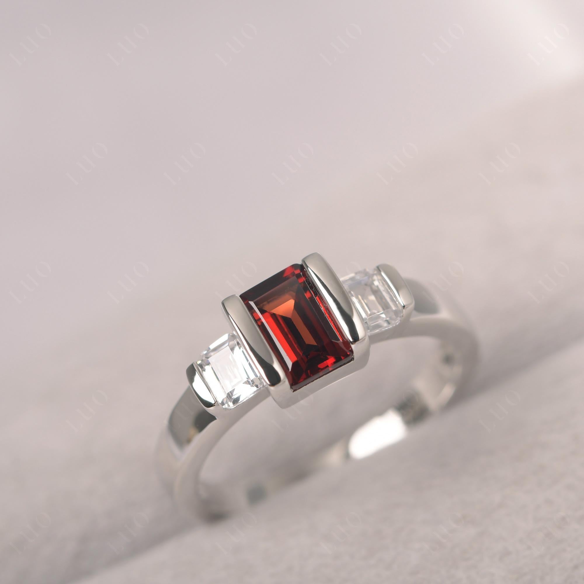Vintage Garnet Ring Bezel Set Emerald Cut Ring - LUO Jewelry