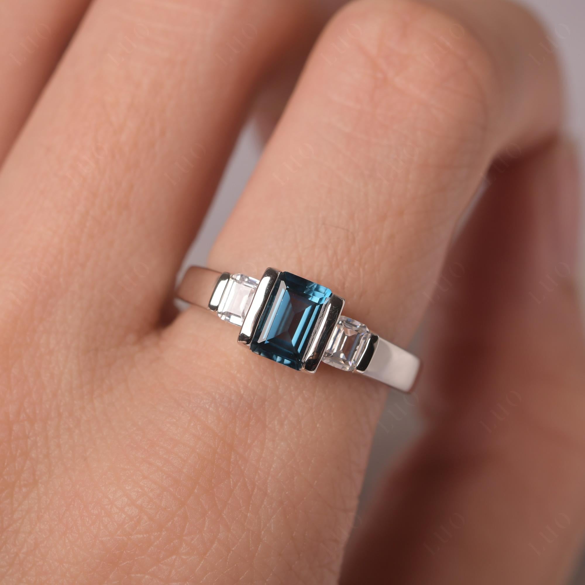 Vintage London Blue Topaz Ring Bezel Set Emerald Cut Ring - LUO Jewelry