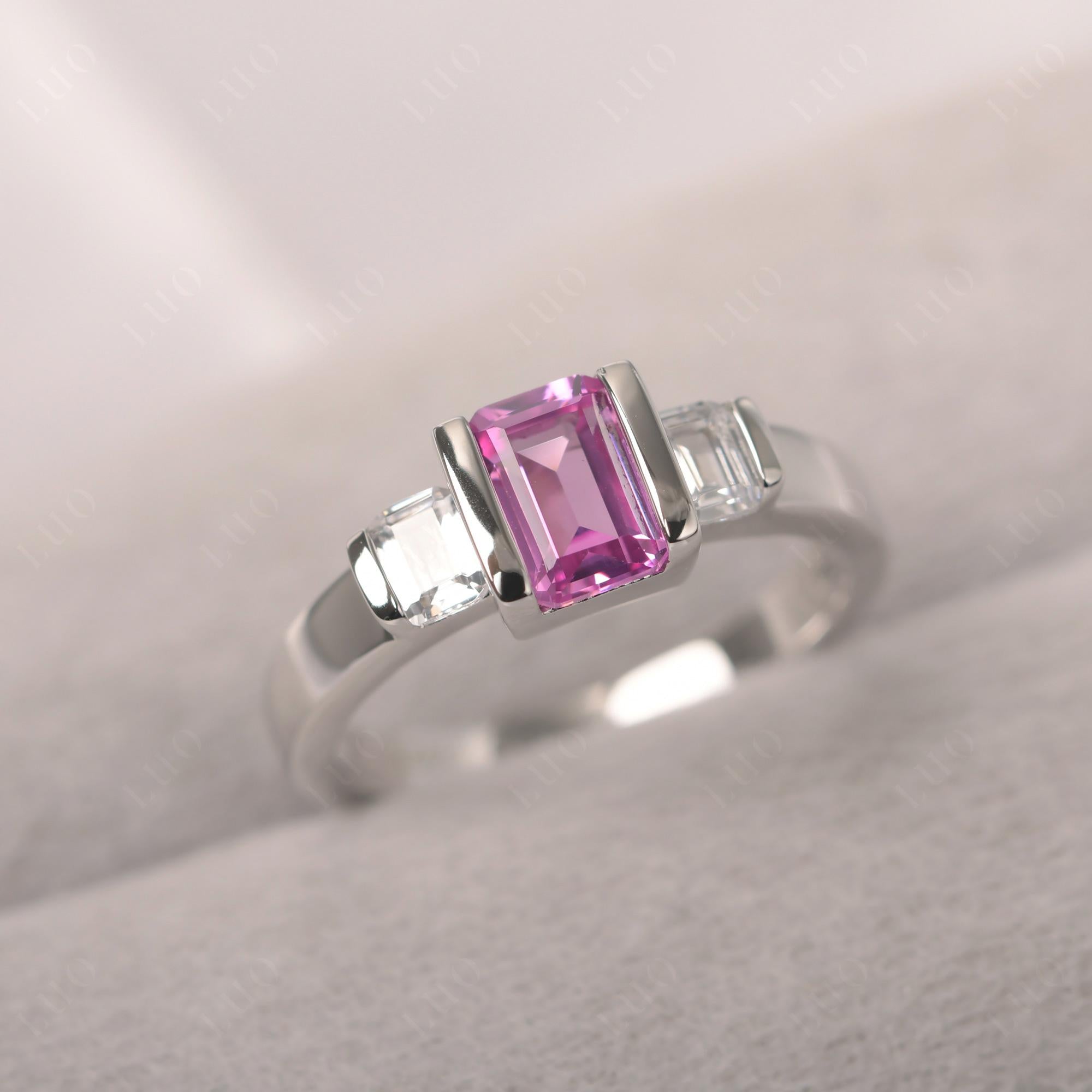 Vintage Lab Pink Sapphire Ring Bezel Set Emerald Cut Ring - LUO Jewelry