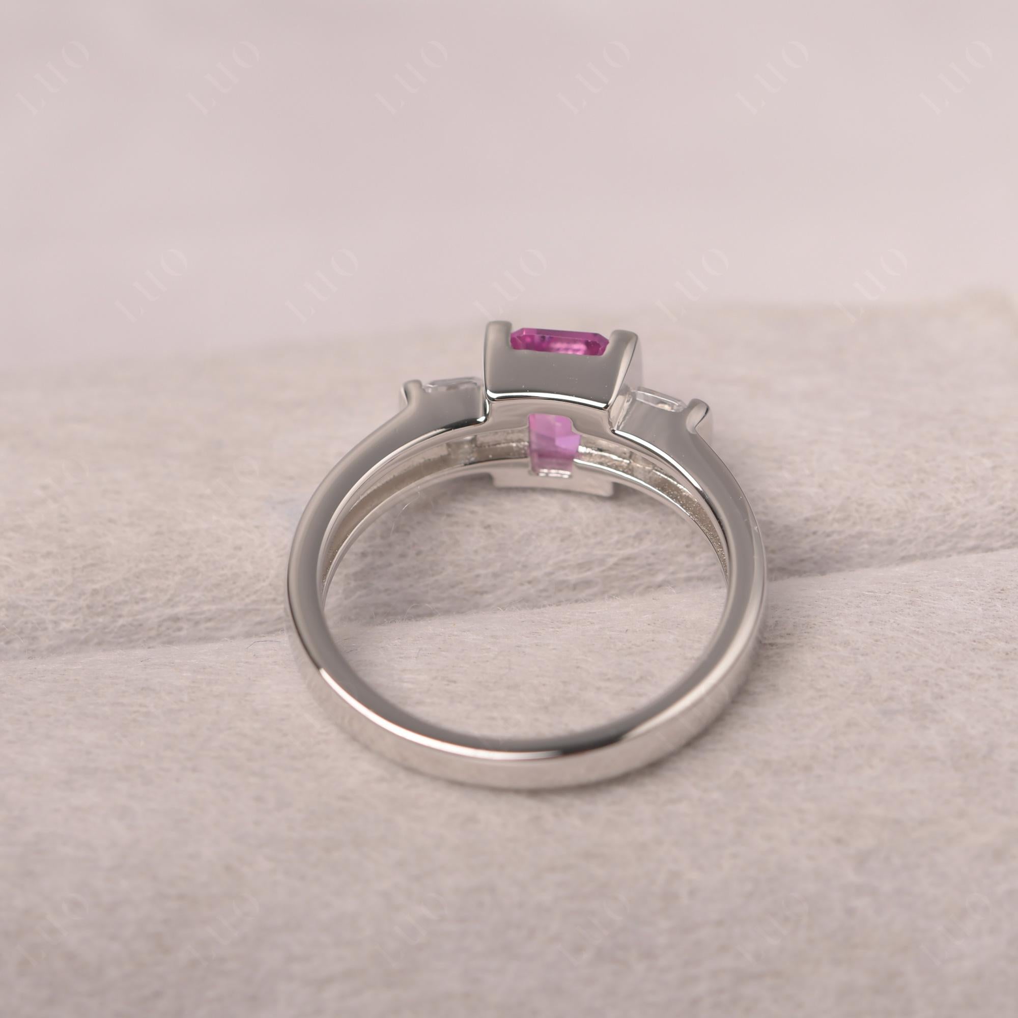 Vintage Lab Pink Sapphire Ring Bezel Set Emerald Cut Ring - LUO Jewelry