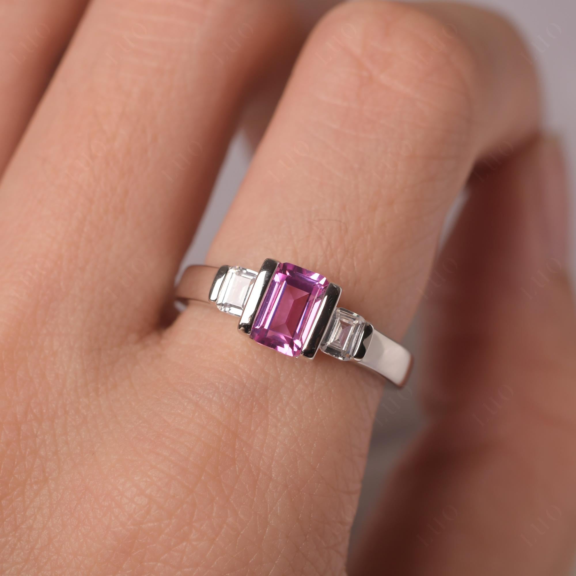 Vintage Lab Pink Sapphire Ring Bezel Set Emerald Cut Ring - LUO Jewelry