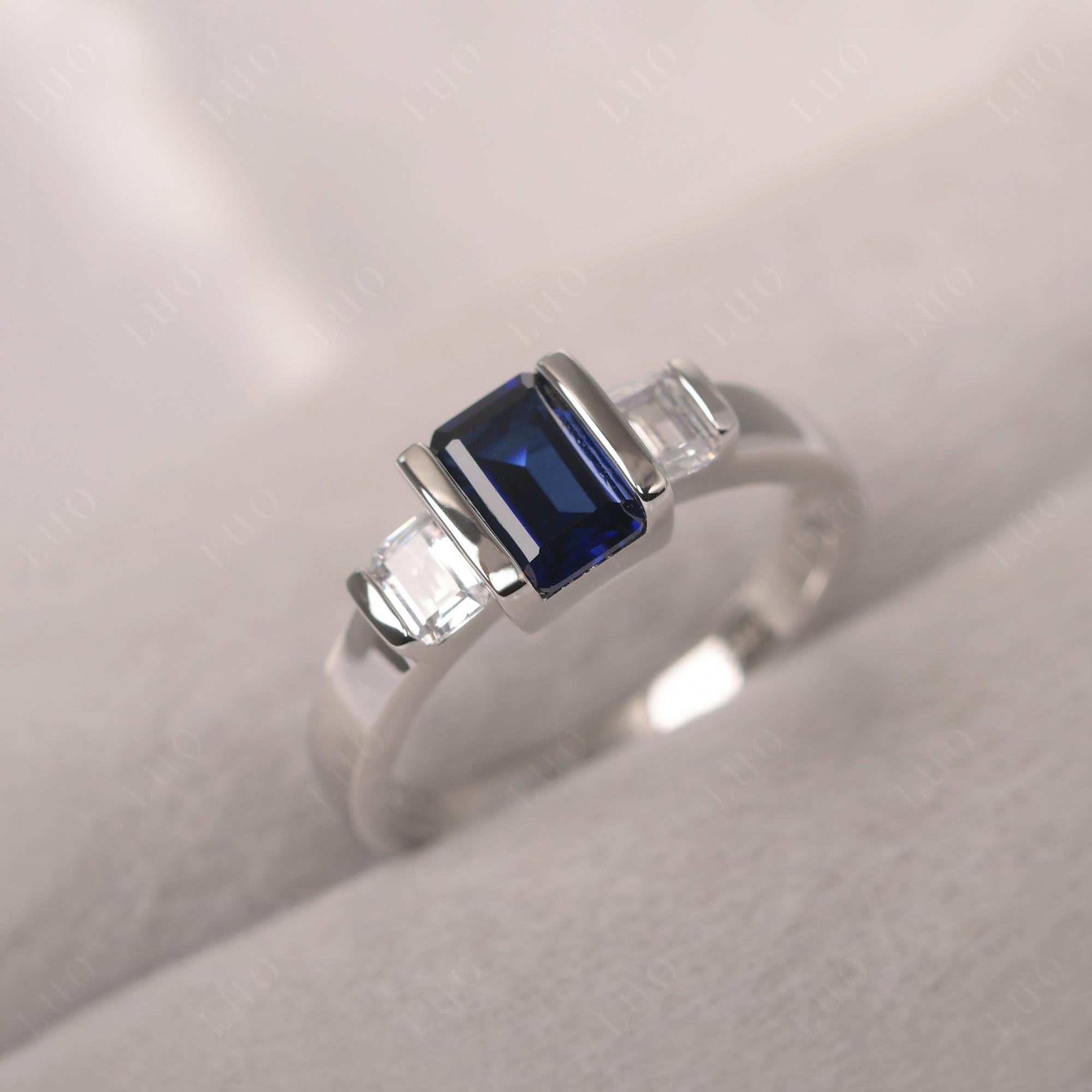 Vintage Lab Grown Sapphire Ring Bezel Set Emerald Cut Ring - LUO Jewelry