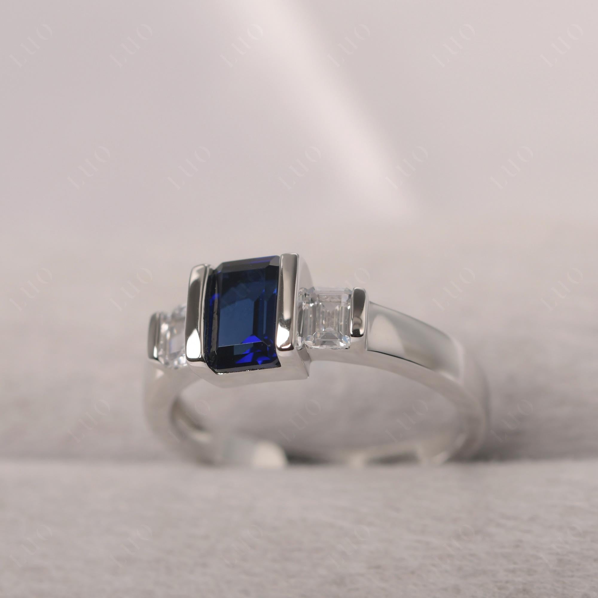 Vintage Lab Grown Sapphire Ring Bezel Set Emerald Cut Ring - LUO Jewelry