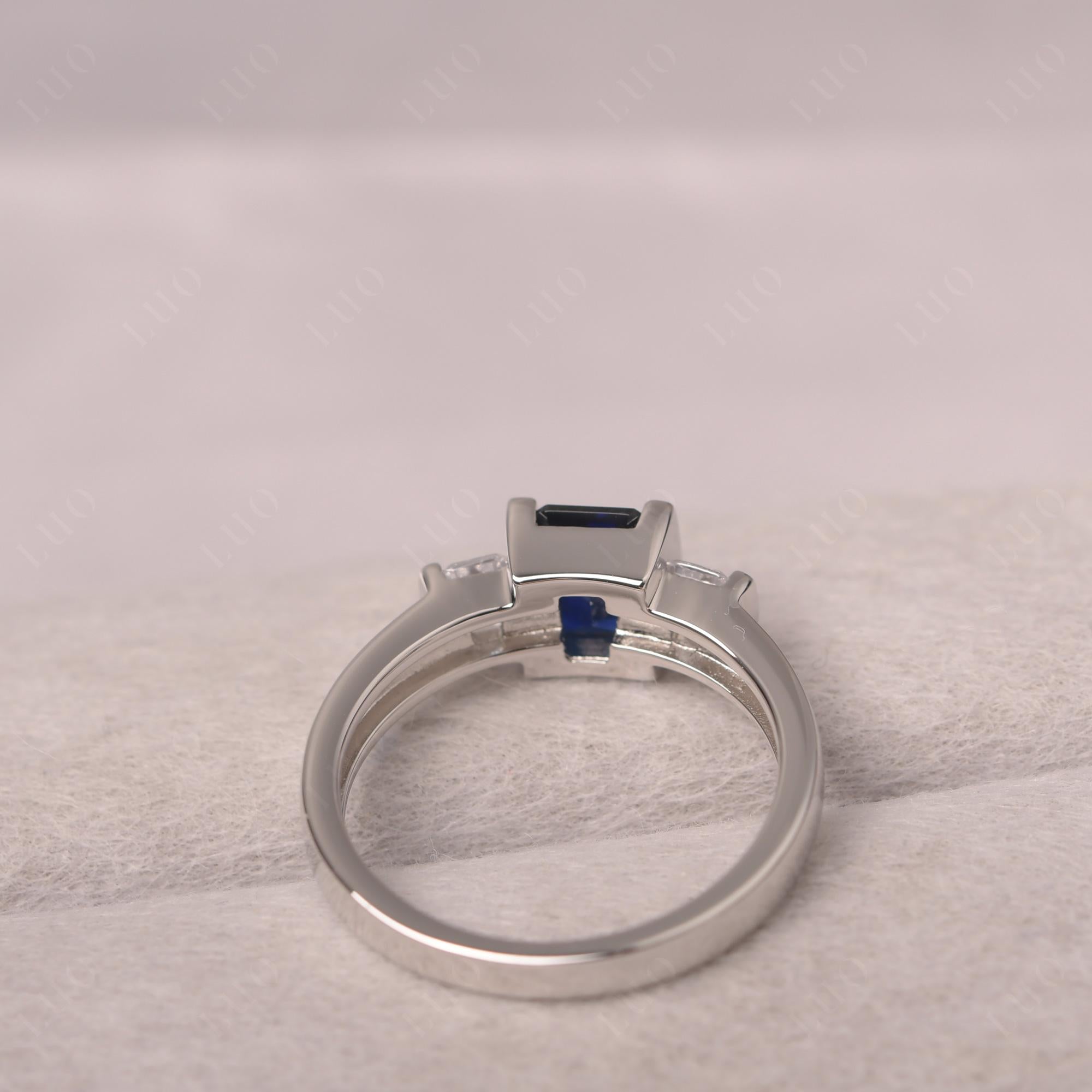 Vintage Lab Grown Sapphire Ring Bezel Set Emerald Cut Ring - LUO Jewelry