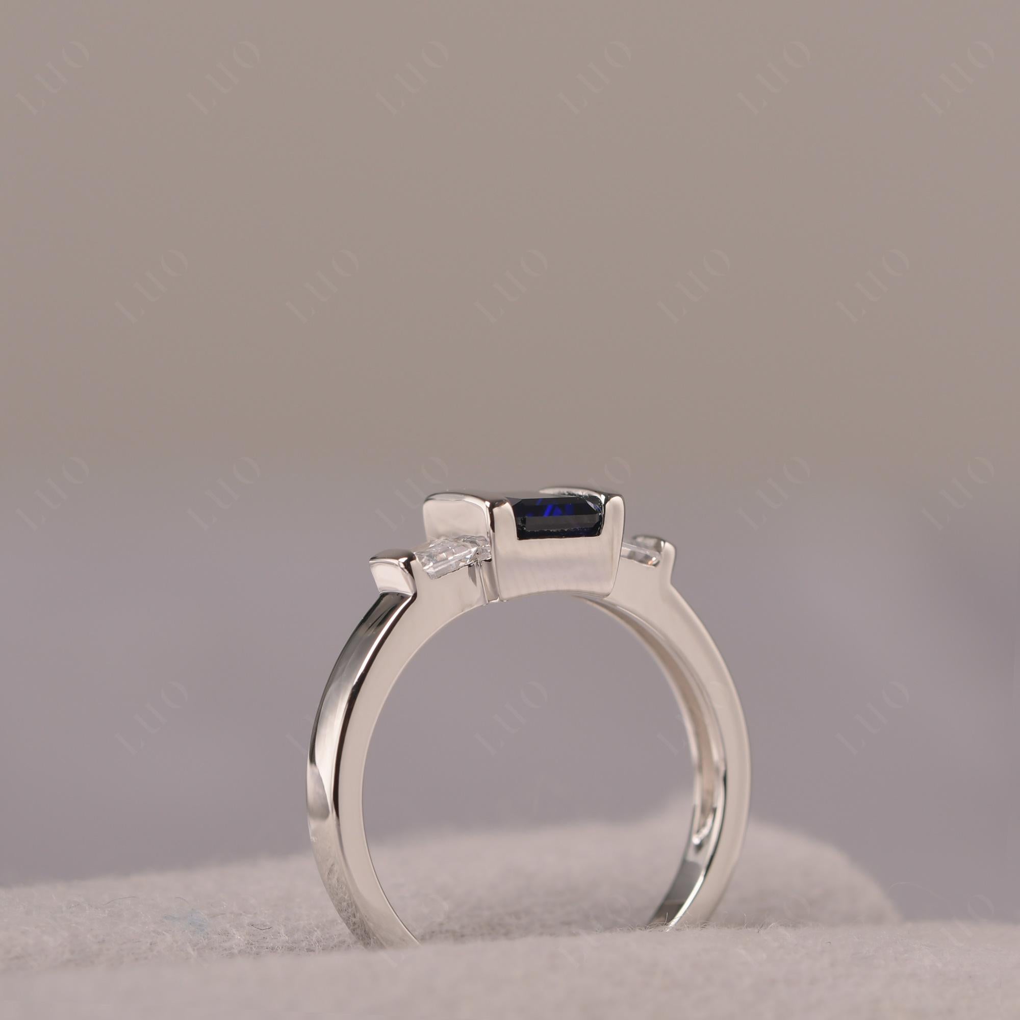 Vintage Lab Grown Sapphire Ring Bezel Set Emerald Cut Ring - LUO Jewelry