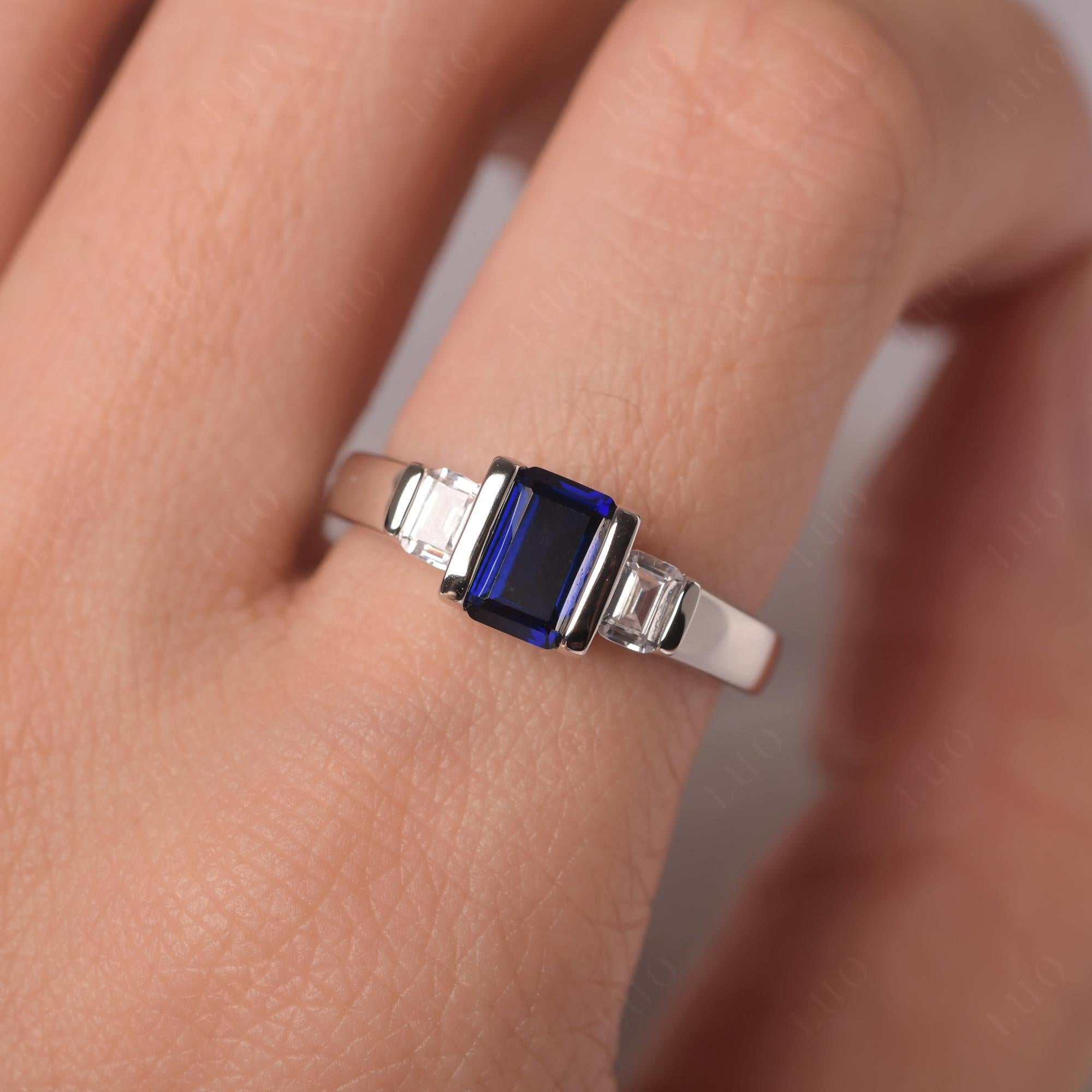 Vintage Lab Grown Sapphire Ring Bezel Set Emerald Cut Ring - LUO Jewelry