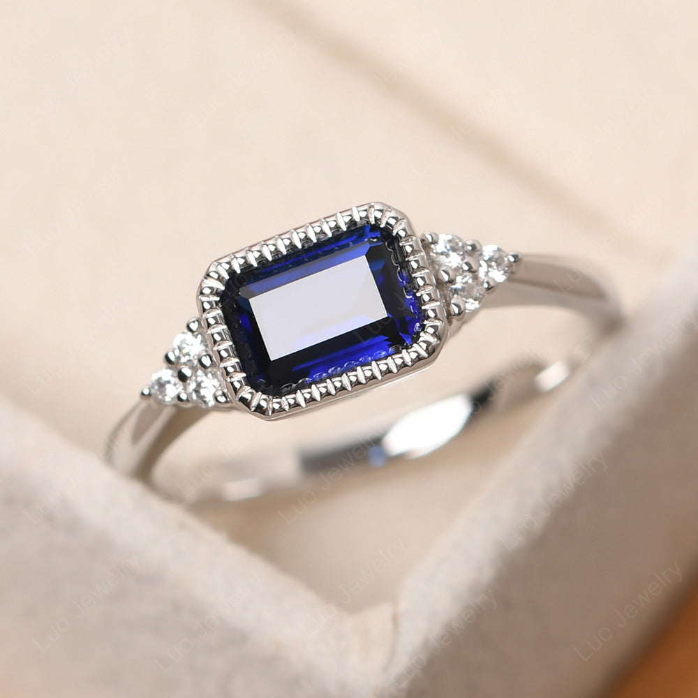 Vintage Horizontal Bezel Set Lab Sapphire Ring - LUO Jewelry