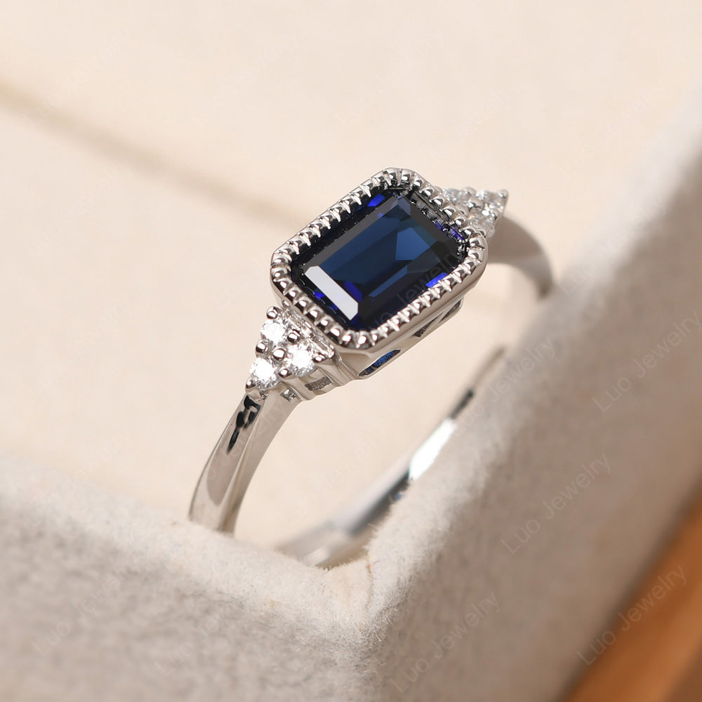 Vintage Horizontal Bezel Set Lab Sapphire Ring - LUO Jewelry