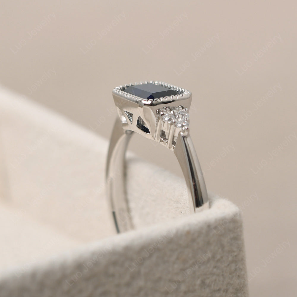 Vintage Horizontal Bezel Set Lab Sapphire Ring - LUO Jewelry