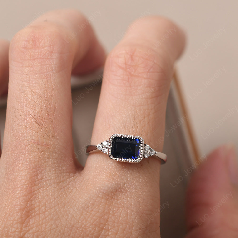 Vintage Horizontal Bezel Set Lab Sapphire Ring - LUO Jewelry