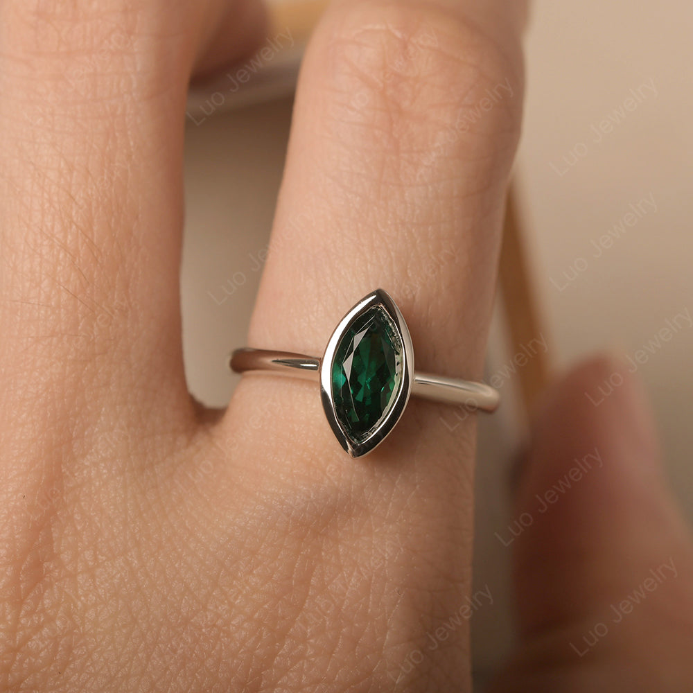 Marquise Cut Emerald Bezel Set Engagement Ring - LUO Jewelry