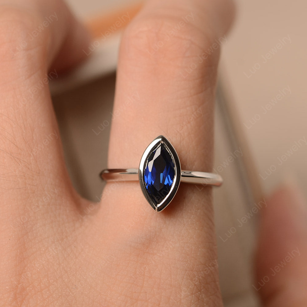 Marquise Cut Lab Sapphire Bezel Set Engagement Ring - LUO Jewelry