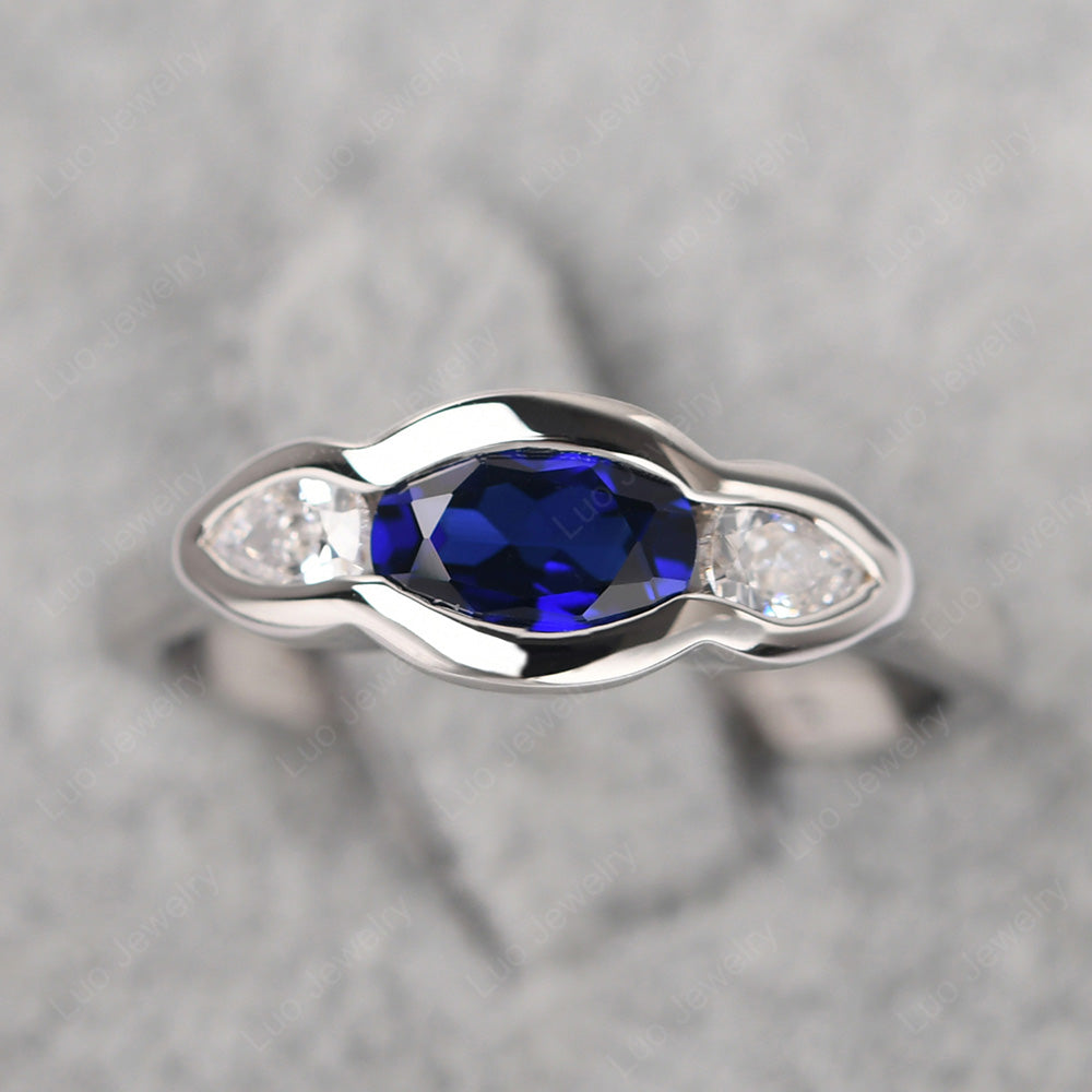 3 Stone Bezel Set Ring Vintage Lab Sapphire Ring - LUO Jewelry