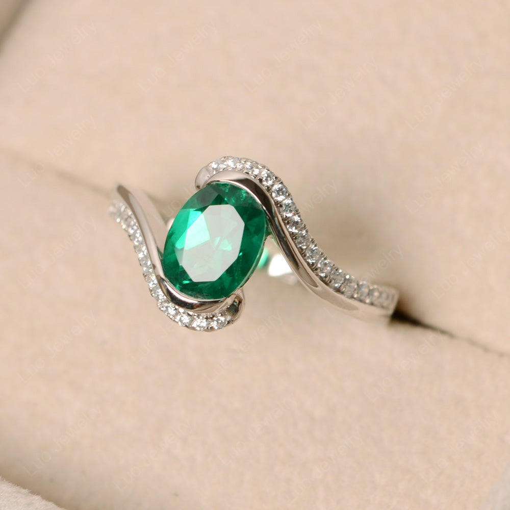 Oval Bezel Lab Emerald Engagement Ring Silver - LUO Jewelry