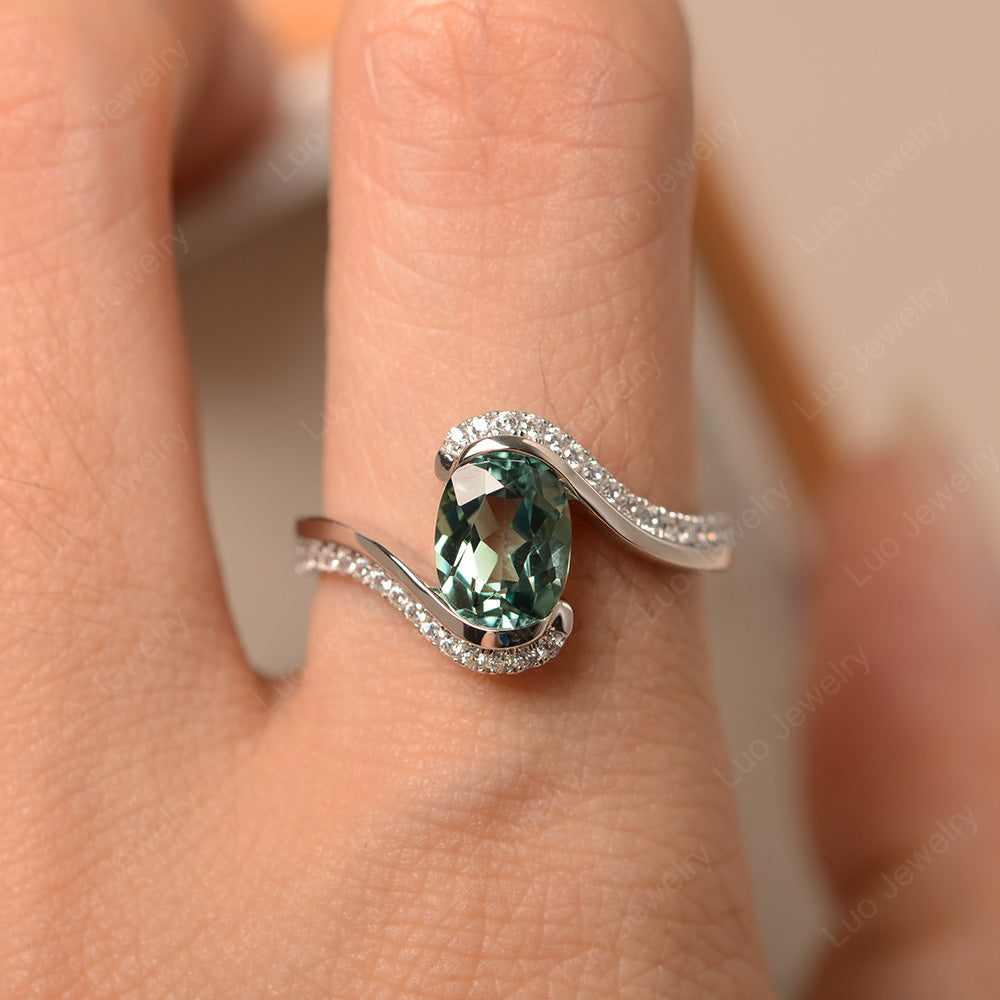 Oval Bezel Green Sapphire Engagement Ring Silver - LUO Jewelry