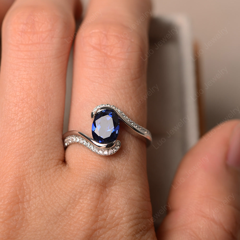 Oval Bezel Lab Sapphire Engagement Ring Silver - LUO Jewelry