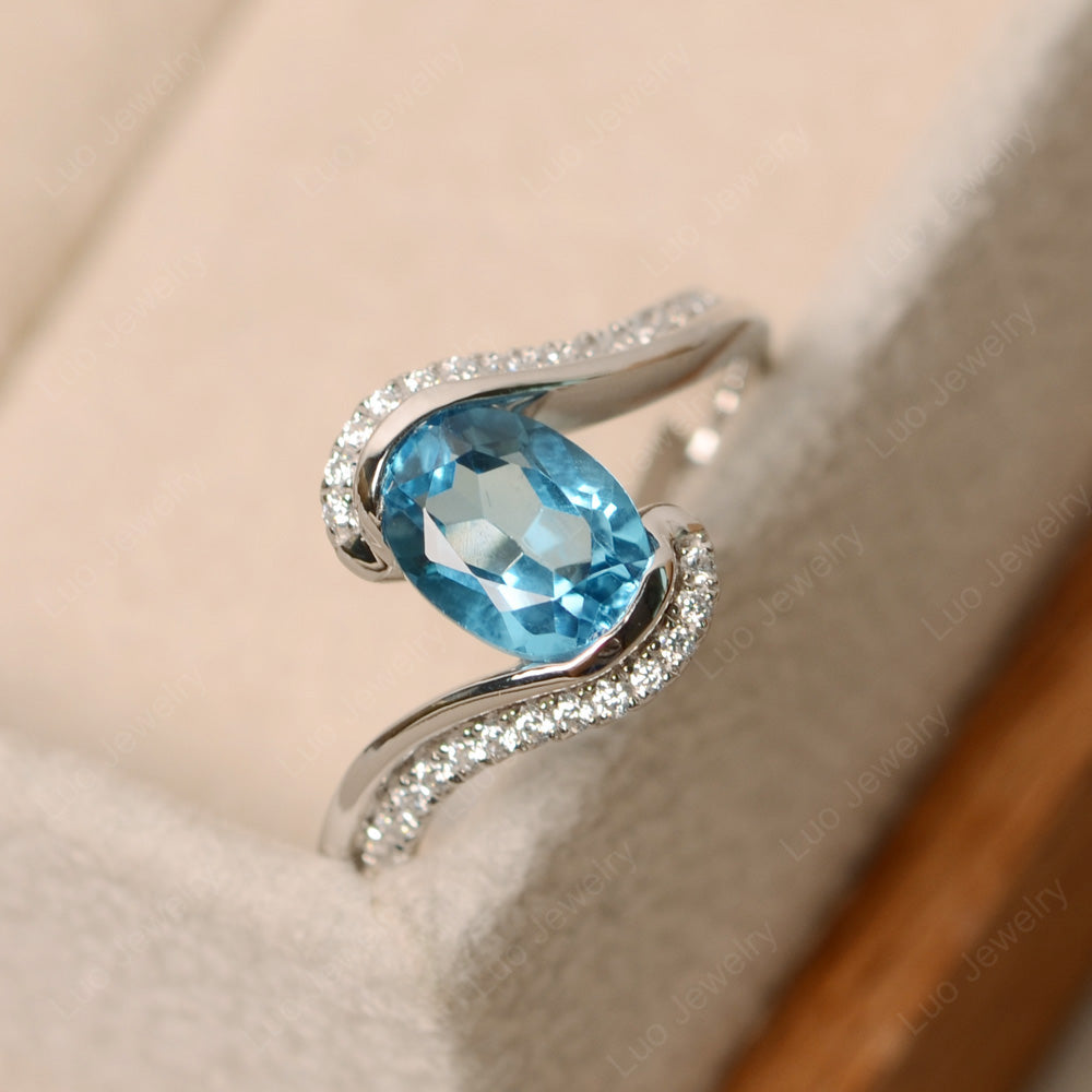 Oval Bezel Swiss Blue Topaz Engagement Ring Silver - LUO Jewelry