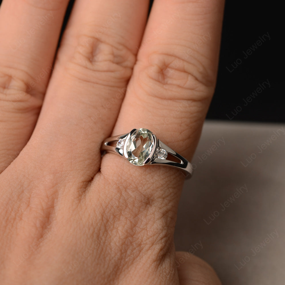 Half Bezel Set Oval Green Amethyst Engagement Ring - LUO Jewelry