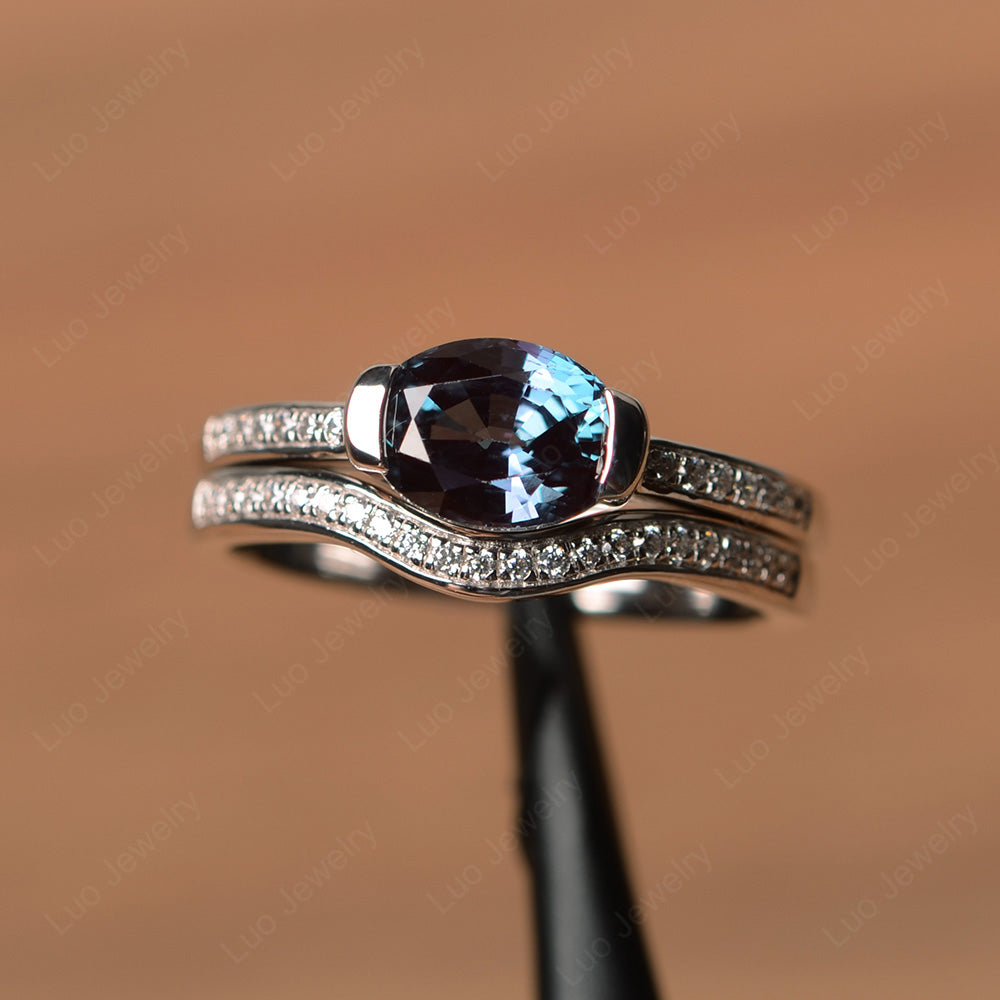 Oval Cut East West Alexandrite Bridal Set Ring - LUO Jewelry
