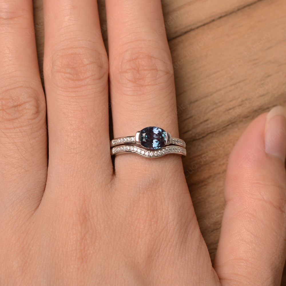 Oval Cut East West Alexandrite Bridal Set Ring - LUO Jewelry