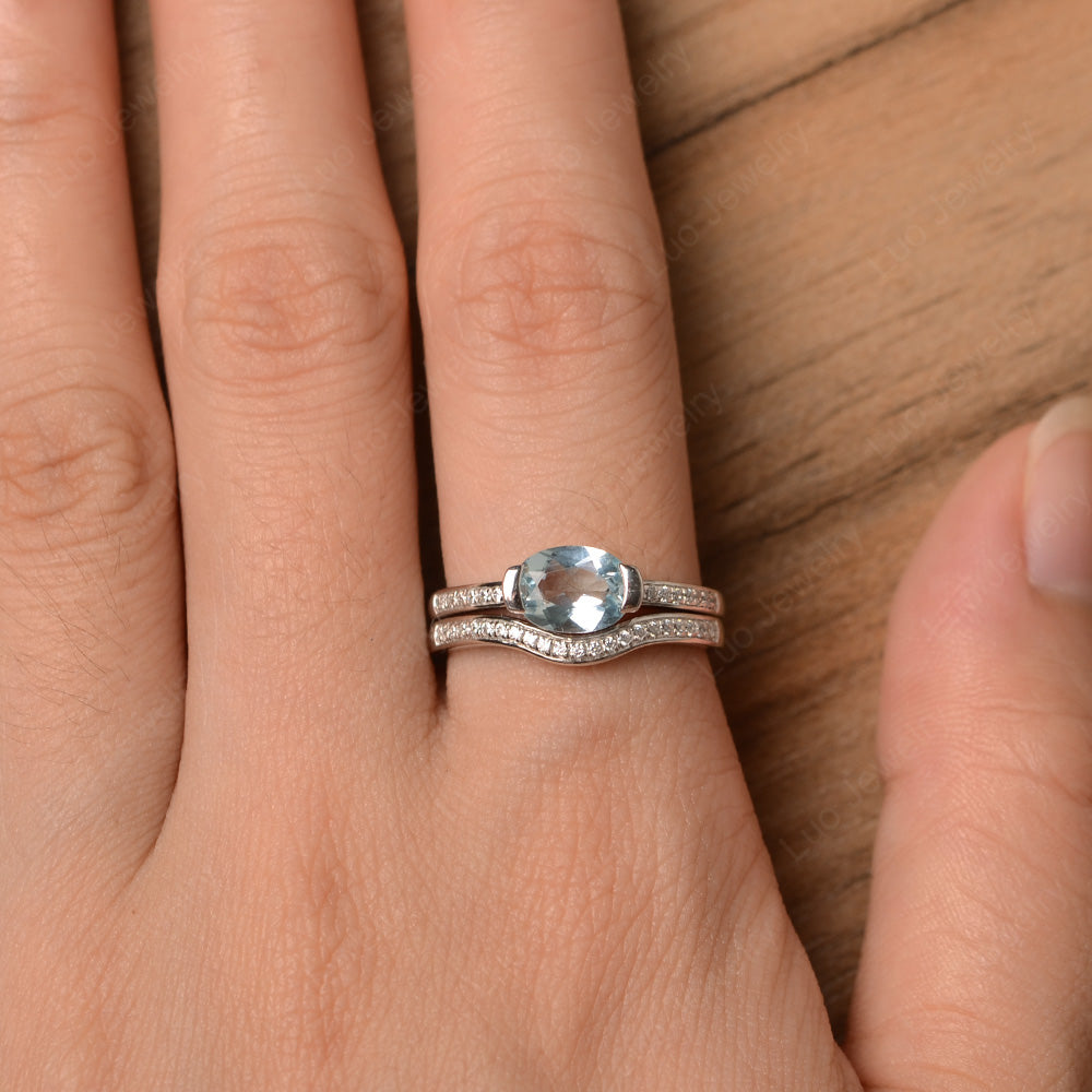 Oval Cut East West Aquamarine Bridal Set Ring - LUO Jewelry