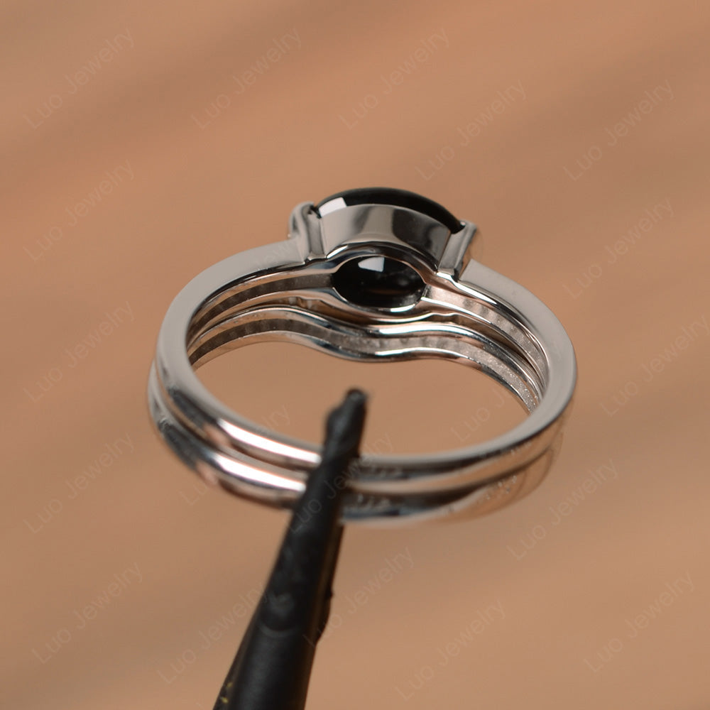 Oval Cut East West Black Spinel Bridal Set Ring - LUO Jewelry