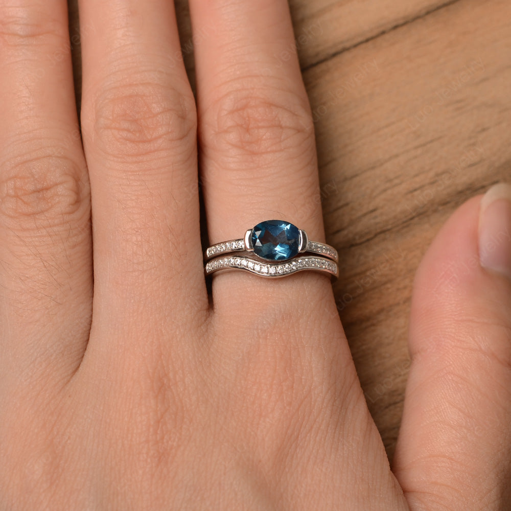 Oval Cut East West London Blue Topaz Bridal Set Ring - LUO Jewelry