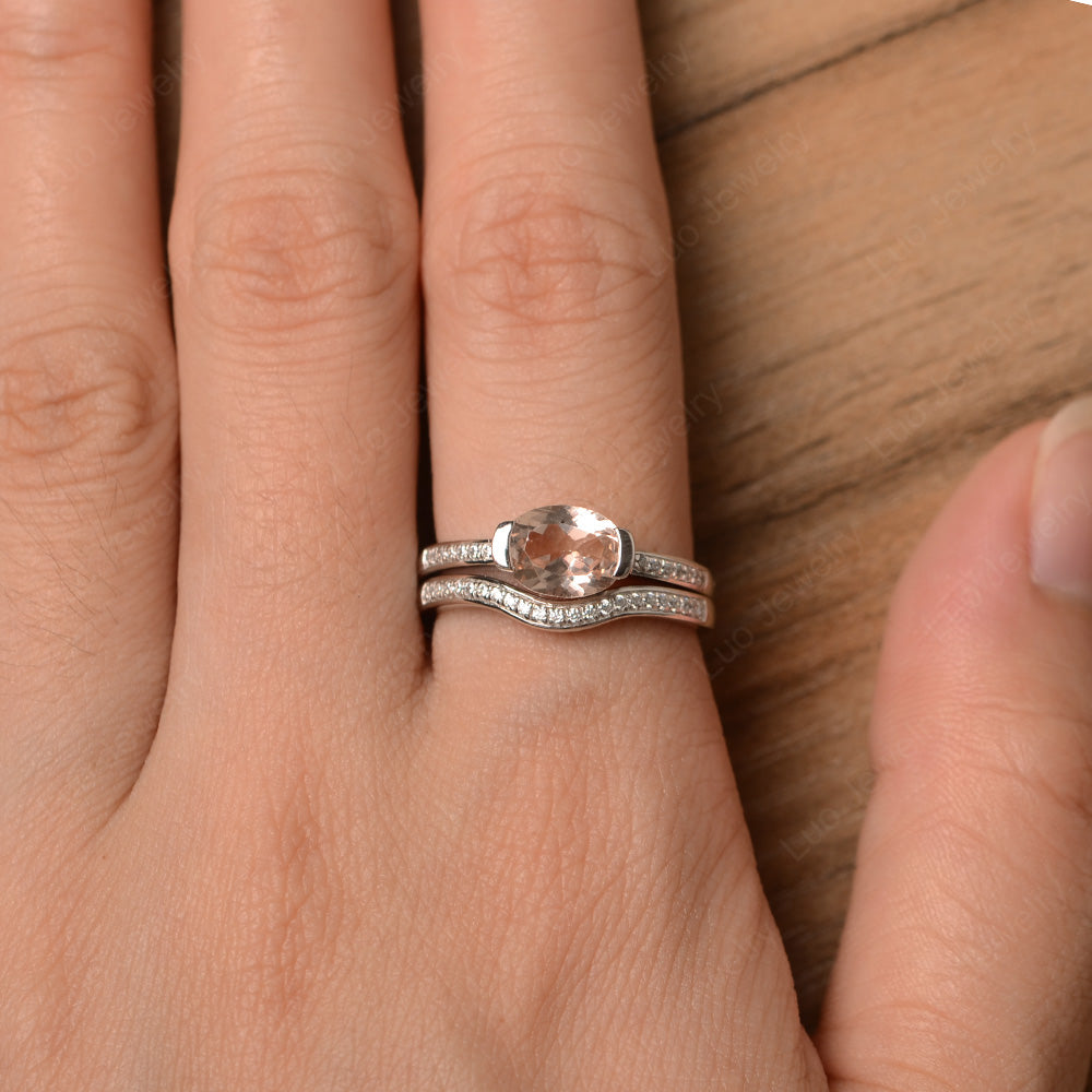 Oval Cut East West Morganite Bridal Set Ring - LUO Jewelry
