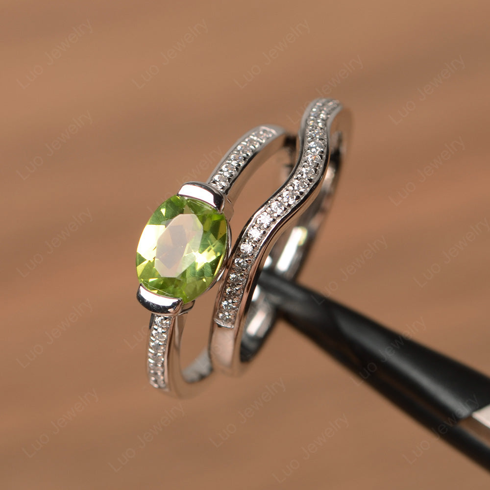 Oval Cut East West Peridot Bridal Set Ring - LUO Jewelry