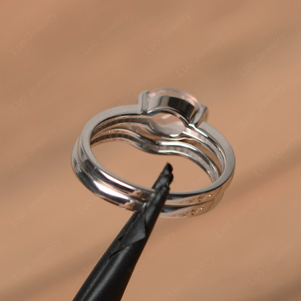 Oval Cut East West Rose Quartz Bridal Set Ring - LUO Jewelry