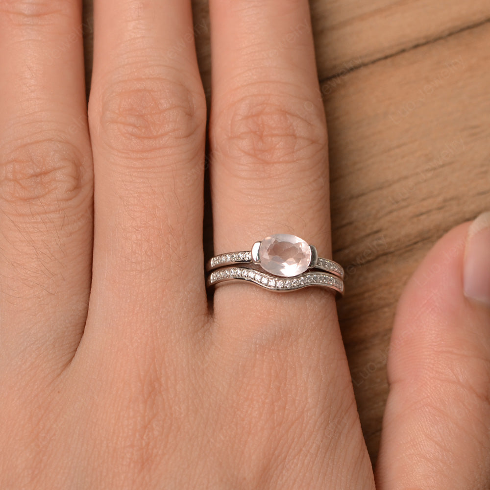 Oval Cut East West Rose Quartz Bridal Set Ring - LUO Jewelry
