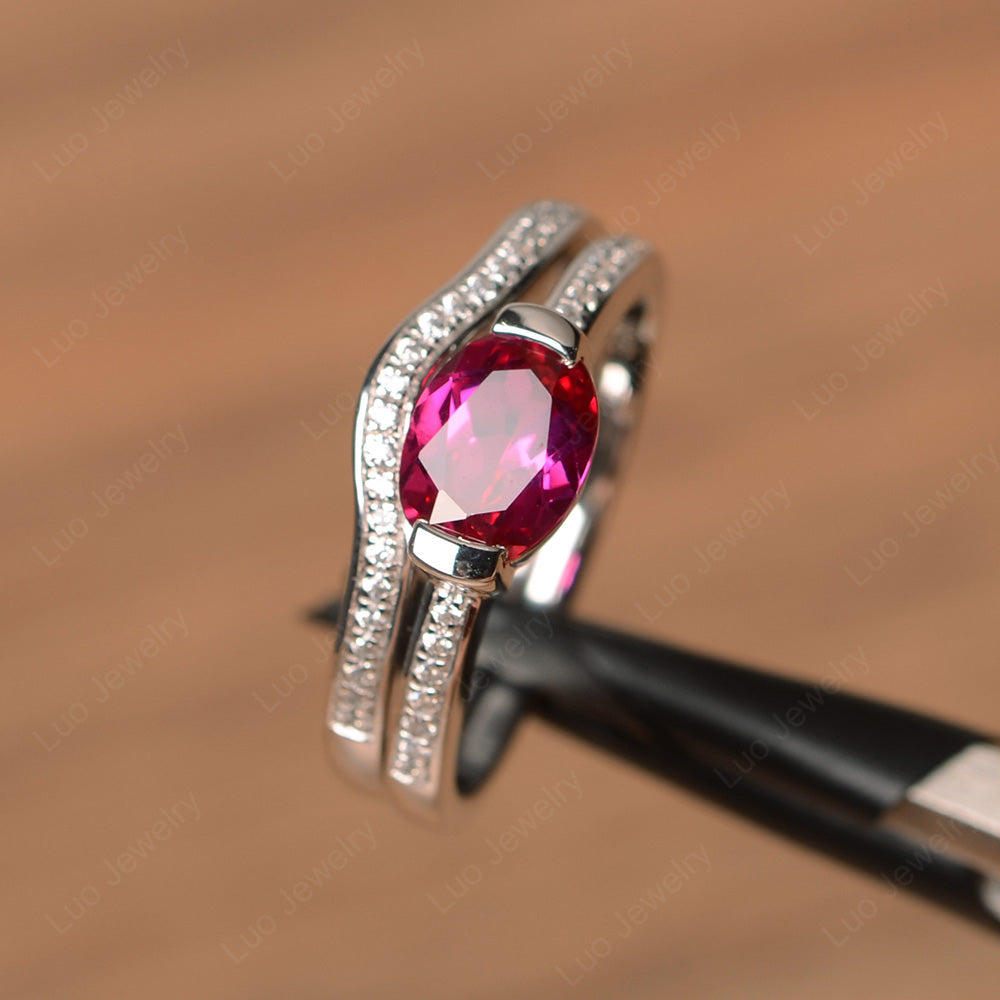 Oval Cut East West Ruby Bridal Set Ring - LUO Jewelry