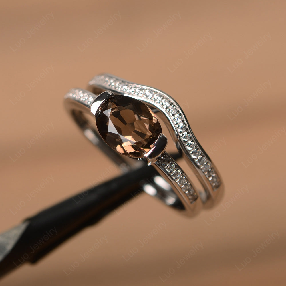 Oval Cut East West Smoky Quartz  Bridal Set Ring - LUO Jewelry