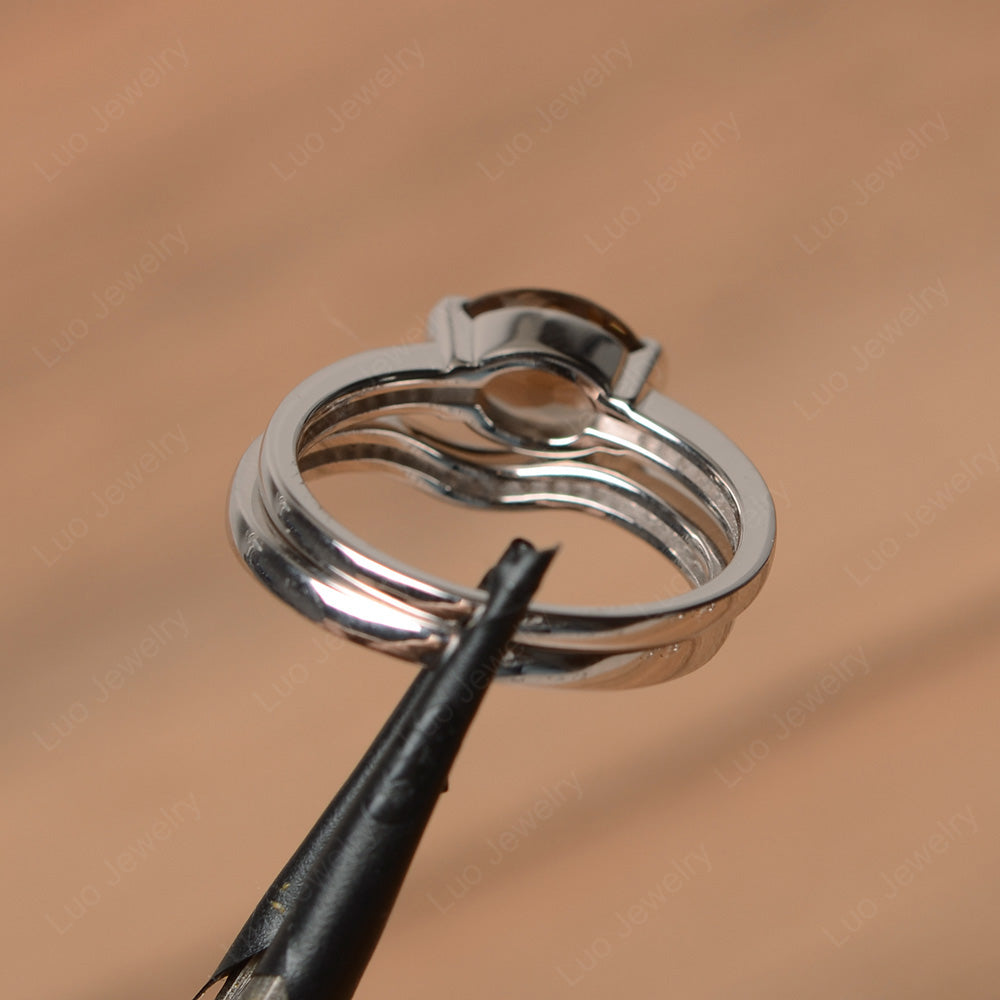 Oval Cut East West Smoky Quartz  Bridal Set Ring - LUO Jewelry